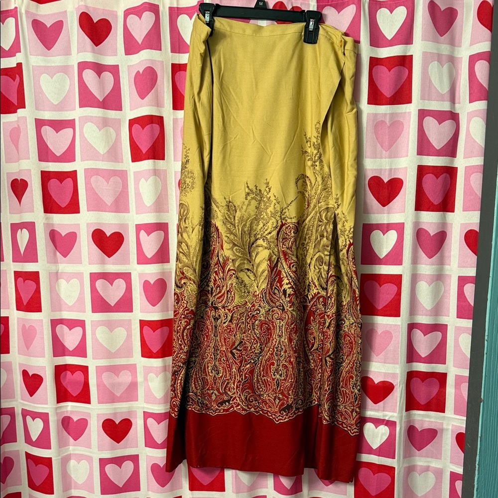 Vintage Casual Corner Yellow to Red Paisley Ombre Maxi Wrap Skirt Size 16